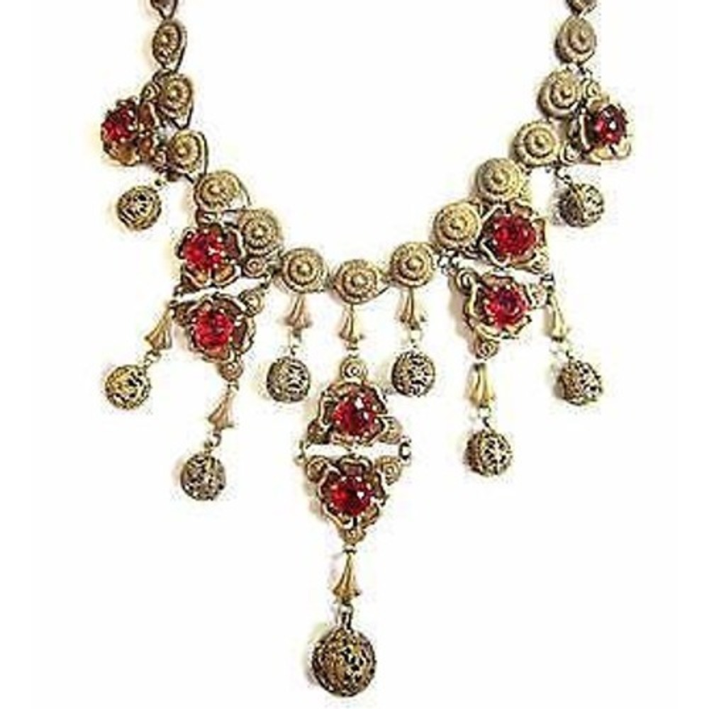 Rare 1920'S Old Vintage Art‎ Deco Garnet Red Rhinestone Floral Necklace*Patented